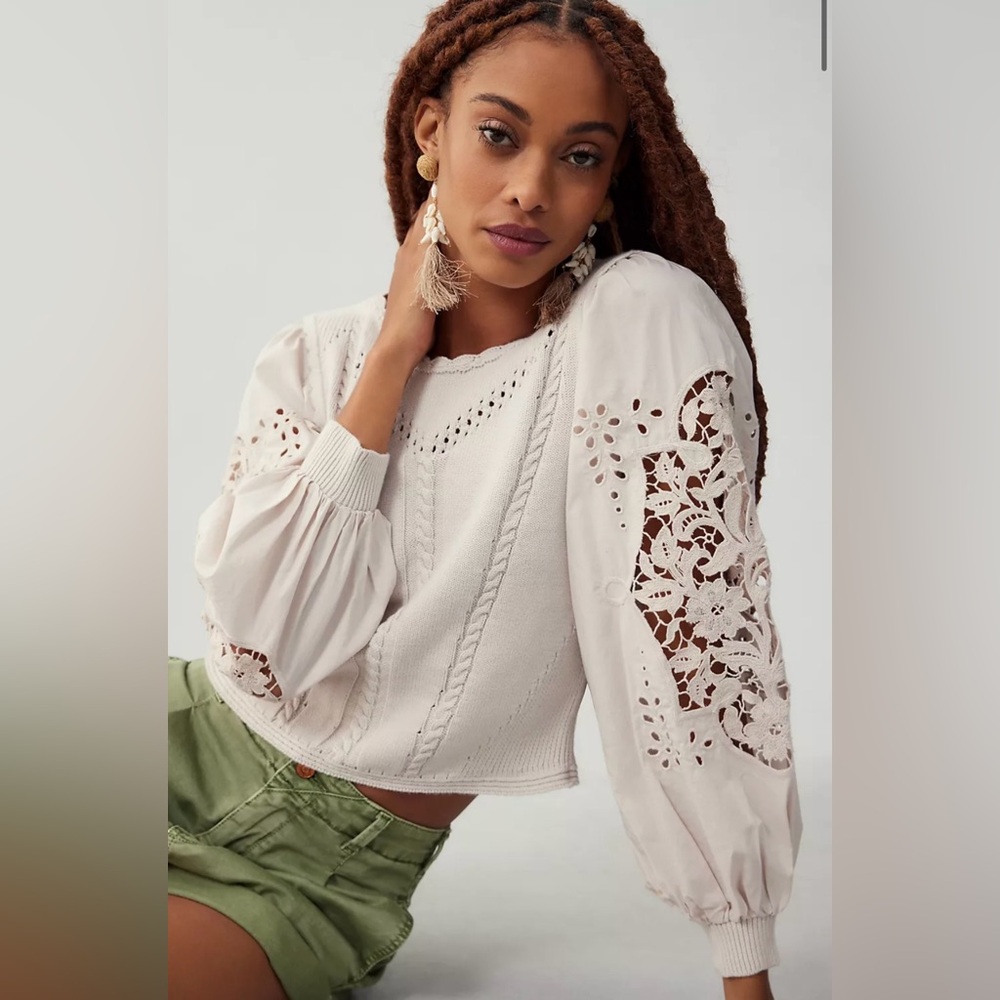 Anthropologie Cream Lace Detail Top